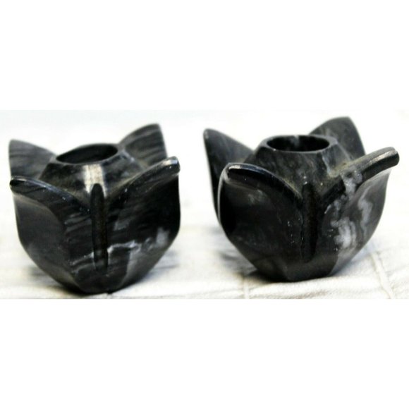Small Granite Marbled Black-Gray Stone Candle Stick Holders Flower Marble - Picture 1 of 6